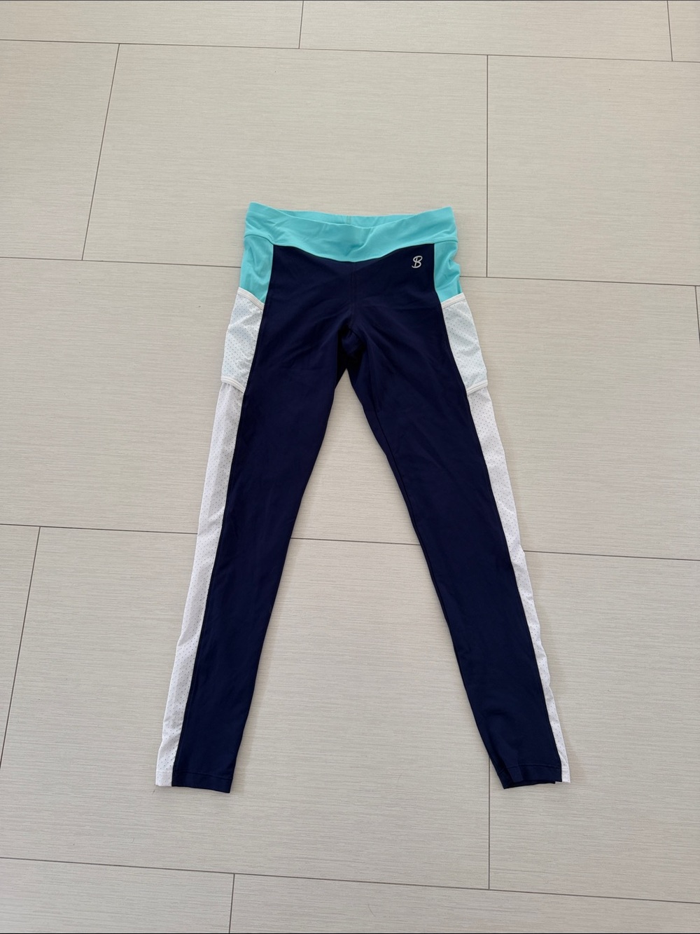 Women’s Navy Leggings with Aqua Waist and White Side Panels